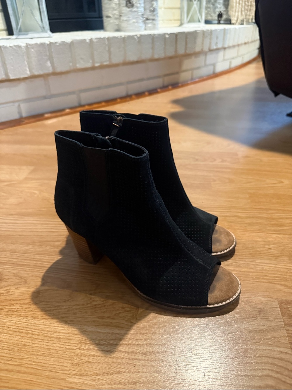 Toms Black Suede Peep-Toe Ankle Boots
